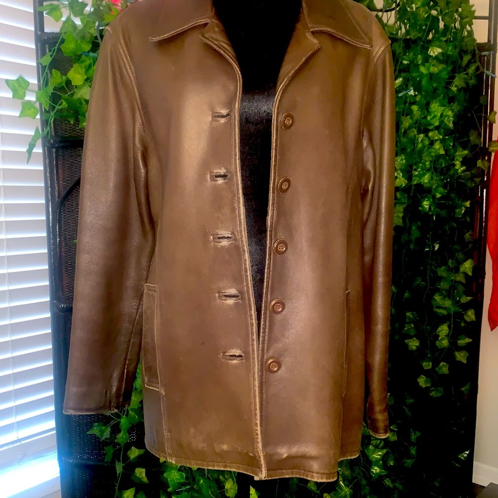 Brown leather mid length jacket